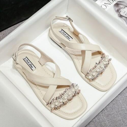 Pearl Plaid fabric sandals women slippers buckle belt summer beach shoes woman beads cross band sandalias mujer large size 40-43