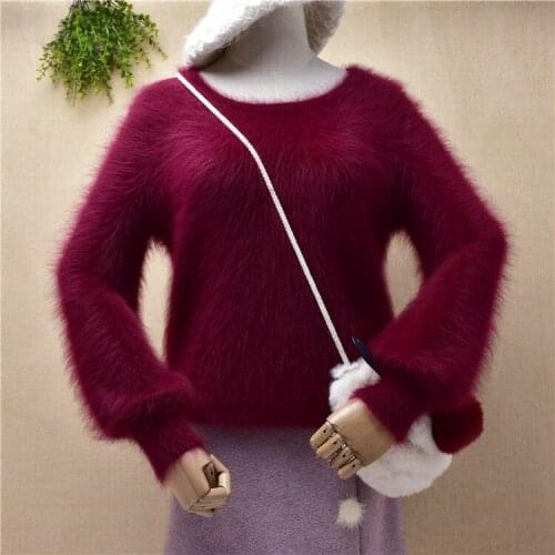 Female women hairy fuzzy mink cashmer knitted long lantern sleeves slim blouse pullover angora rabbit hair winter jumper sweater