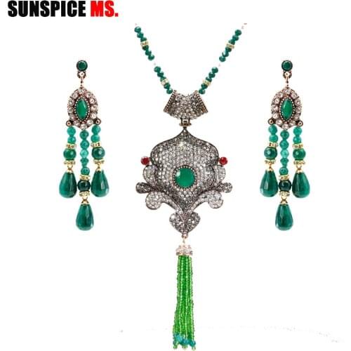 SUNSPICE MS Fashion Indian Bead Earring Necklace Sets Rhinestone For Women Wedding Party Antique Gold Color Turkish Jewelry Gift