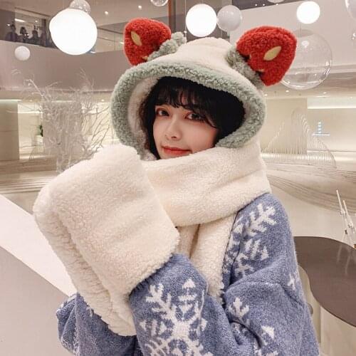 Women Winter Warm 3 In 1 Faux Fleece Hooded Scarf Hat Gloves Set Cute Strawberry Ears Thermal Earflap Cap Neck Warmer