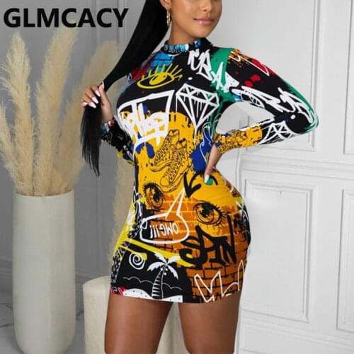 Women Graffiti Printed Long Sleeve Bodycon Dress