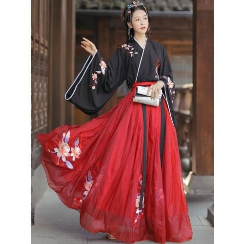 Women Hanfu Dress Black Top And Red Skirt Clothing Cosplay Girl Vintage Party Ancient Chinese Traditional Costume