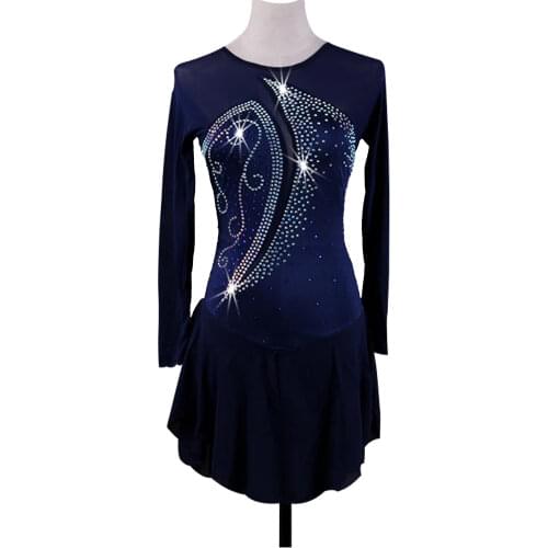 Customized Competition Ice Skating Skirt long sleeve girls ice skating Navy Blue women Figure Skating Dress
