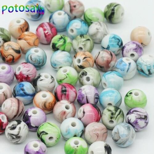 Potosala 100Pcs Ink Painting Loose Charm Bead Bulk Mixed Color Round Shape Resin Beads For DIY Jewelry Findings 6mm 8mm 10mm