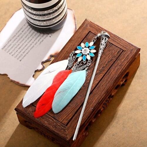 2020 Ethnic Flower Shape Summer Boho Feather Hairpin Chinese Vintage Silver Color Hair Pin Accessories