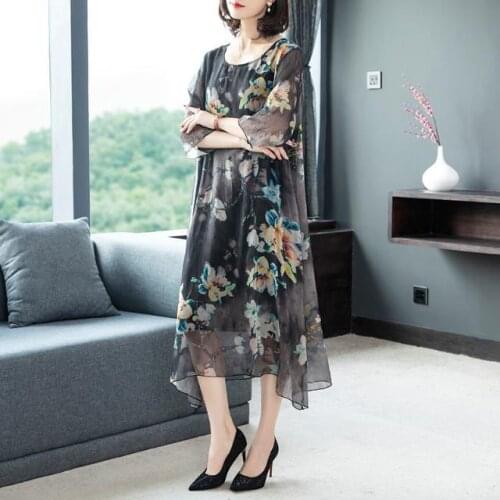 2021 Middle Age Women Summer Beach Dress Ladies Vintage 5XL Plus Size Print Runway Midi Dresses Elegant Bodycon Vestidos B135