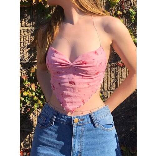 2021 New Mesh Sexy Backless Halter Cami Top Women Summer Sleeveless Strappy Crop Tops Floral Print Tank Tops Streetwear