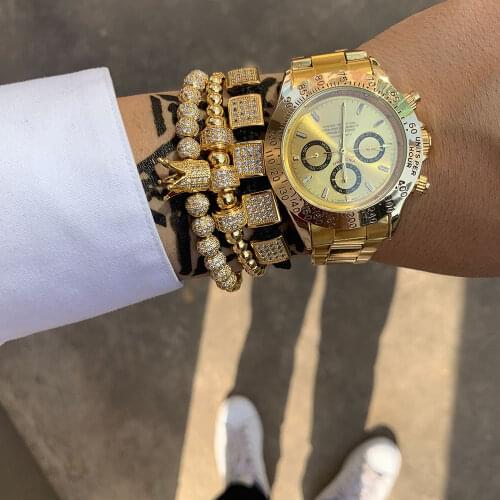 3pcs/set Luxury CZ Square ball Charms copper bead Macrame handmade men crown Bracelets set bracelets & bangles for Men Jewelry