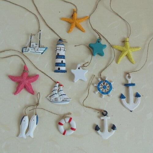 5pcs/lot Mediterranean Style Blue Sea Star Fish Lighthouse Rudder Ocean Beach Ornaments Resin Crafts Hanging Decoration MP 006