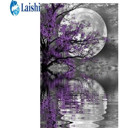 3D Diy Diamond Painting Moon reflection purple flower white Art Diamond Picture Cross stitch Mosaic Gift Home Wall Decoration