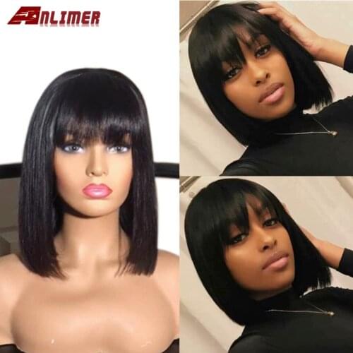 Anlimer Bob Cut 5x5'' Silk Top Lace Front Short Human Hair Wigs With Bangs Pre plucked Brazilian Remy Straight Hair For Women