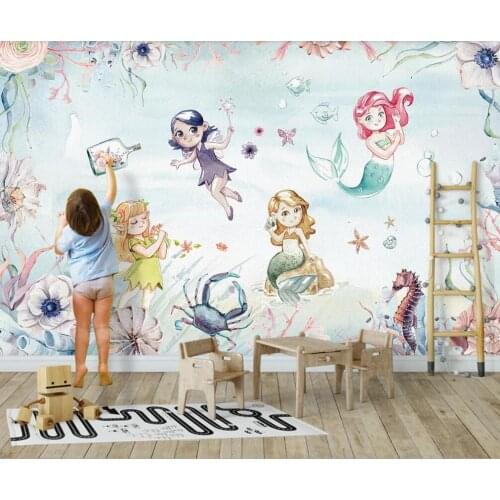 Bacal Customized large-scale 3D mural wallpaper sea world hand-painted blue cute fairy mermaid girl childrens room paper huda