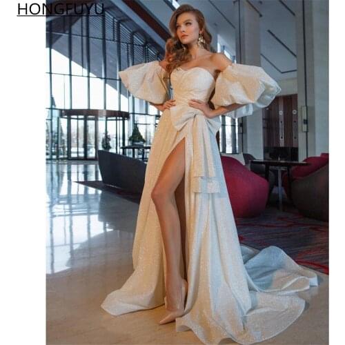 HONGFUYU Glitter A Line Evening Dress With Removable Puff Sleeves Sweetheart Side Slit Formal Prom Dress vestidos de fiesta Long