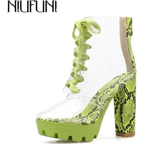 Fashion PVC Transparent Boots Sandals Round Toe Square High Heels Shoes Woman Rain Boots White Green Platform Shoes Plus Size 42