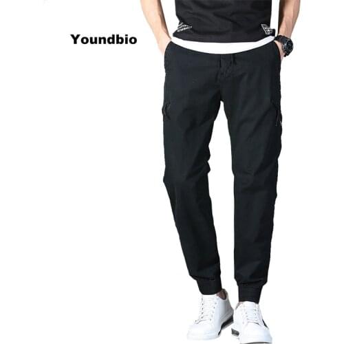 Spring Autumn 2021 Casual Loose Cargo Pants Men Solid Cotton Drawstring Pockets Fashion Loose Fit Ankle Length Pants Men