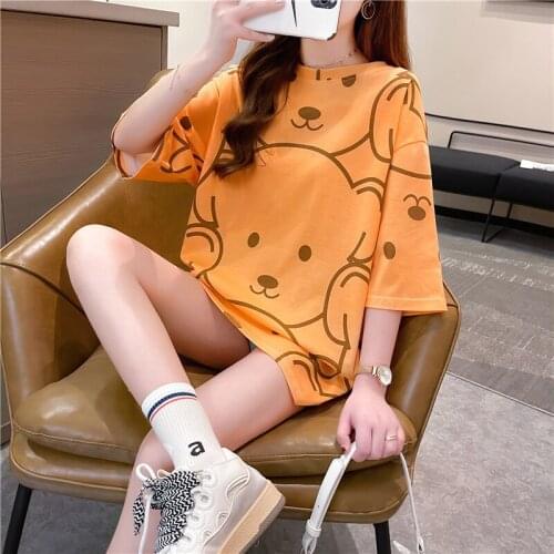 Summer Harajuku Women T-shirt Short Sleeves Cartoon Bear Loose Tops Tide High Street Cotton Tshirt Large Size Tees