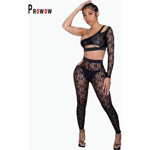 Prowow Sexy Lace Women Clothing Set Hollow Out One Shoulder Tops Pants Two Piece Matching Suits New Summer Fall Female Outfits