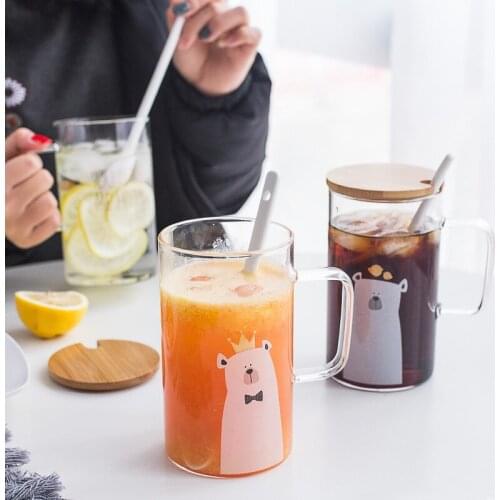 Cute cartoon bear glass mug,Office drink juice cup with lid spoon large capacity drinking Mugs puer tea cups Drinkware 610ml