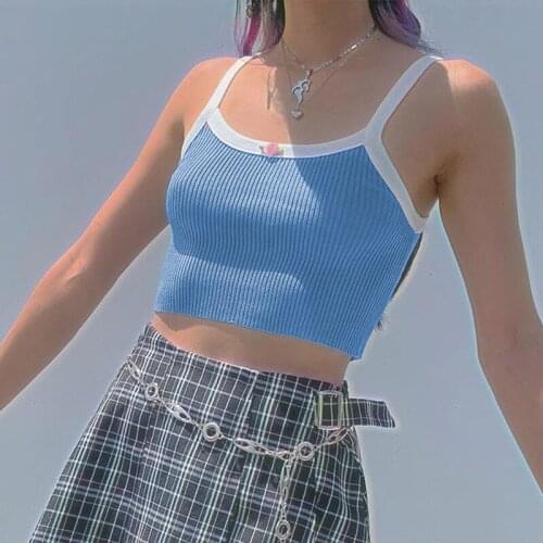 Paris Girl Summer Blue Slim Rose Decoration Crop Top Women Tank Tops Sexy Knitted Camisole Ladies Vest Street Wear