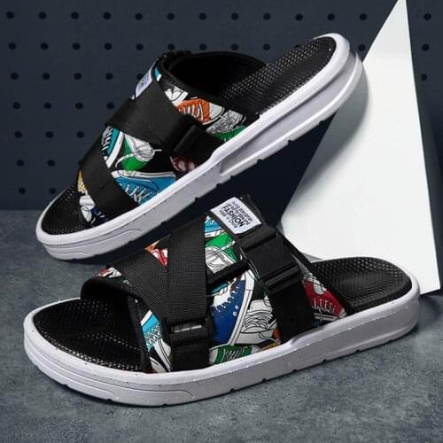New Fashion Mens Canvas Print Sandals Outdoor Tide Buckle Beach Slides Young Male Student Non-slip Holiday Slippers Large Size