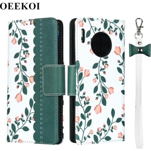 OEEKOI Lanyard Flower Print Wallet Leather Flip Case for Huawei Mate 30 Pro