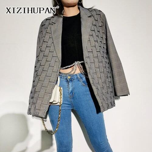 XIZIHUPAN Korean Straight Fashion Female Blazer Notched Long Sleeve Fold Pleated Plaid Loose Womens Blazers 2021 Autumn Stylish