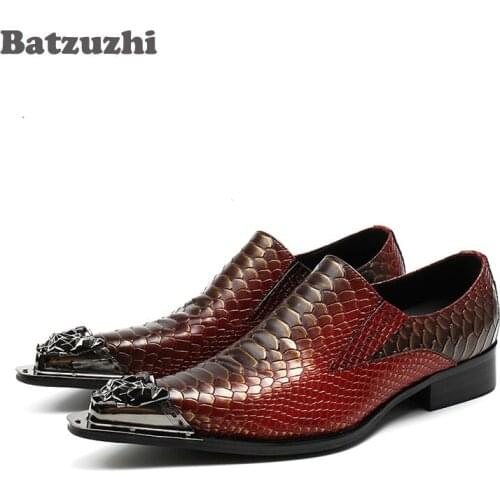 Batzuzhi 2018 New Arrival Genuine Leather Shoes Men Silver Metal Tip Punk Men Dress Shoes Wine Red Python Men Party Wedding Shoe