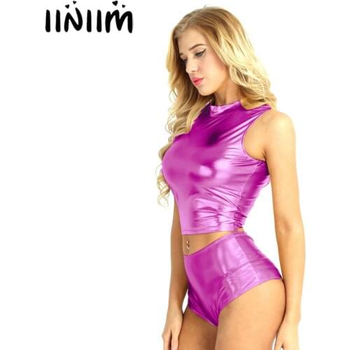 Womens Fashion Wet Look Vest Crop Top Leather Streetwear Sleeveless Turtleneck Rave Pole Evening Party Clubwear Sexy Tank Tops