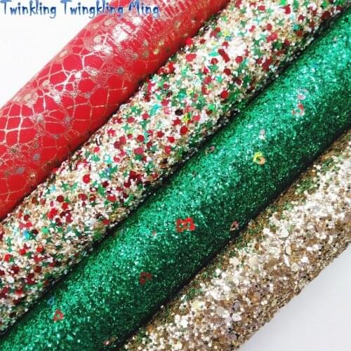 Green and Red Christmas Glitter leather, Metallic Synthetic Leather Fabric Leather For Bow 21x29CM Twinkling Ming KM306