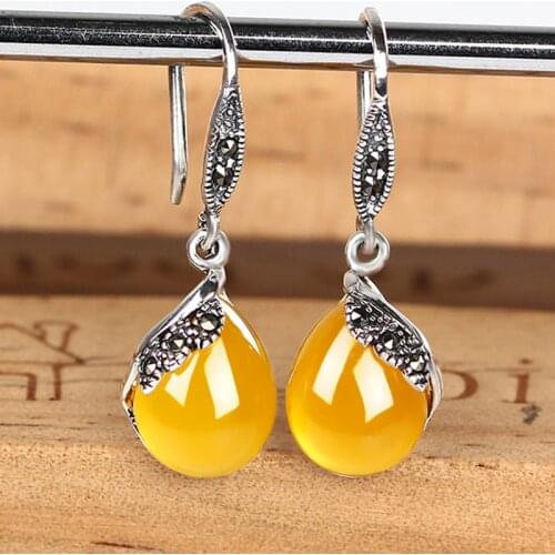 Vintage Yellow Chalcedony Long Silver Earrings 925 Water Drop Elegant Tibetan Silver Earrings Wedding S925 Earrings Female 2018
