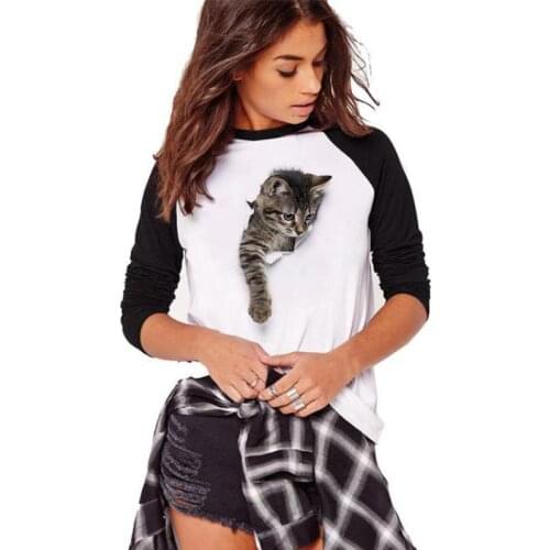 3D Cat Stitching Long-sleeved Pullover Ladies Bottoming Shirt Plus Size T-shirt Hoodie Round Neck Long-sleeved All-match Top