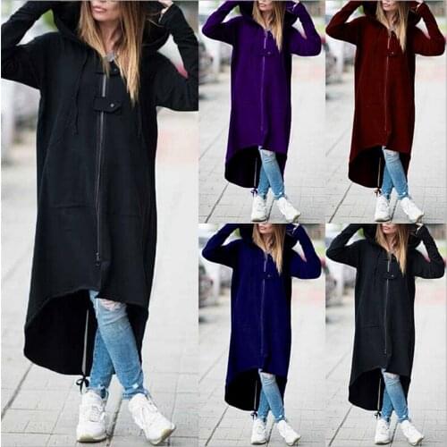 2020 Autumn Winter Women Trench Fashion Hooded Zipper Long Trench Fleece Women Causal Solid Irregular Pocket Long Trench
