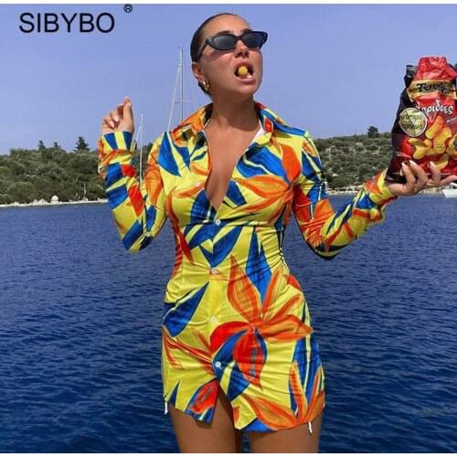 Sibybo Floral Print Long Sleeve Shirt Dress Women Turn Down Collar Button Mini Dress 2021 Sexy Y2k Bodycon Party Streetwear New