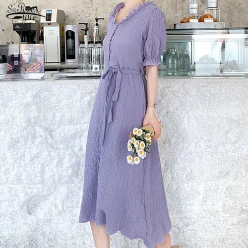 Vestidos A Line Summer Women Dress 2021 Solid Puff Short Sleeve Midi Dress Women Vintage Medium-Length Dresses Purple 9828