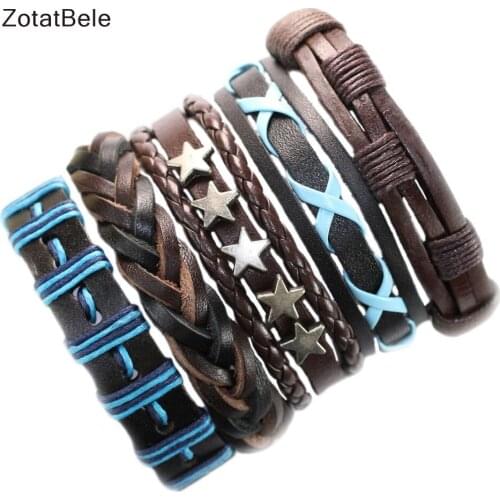 ZotatBele 5Pcs/set Mens and Women Alloy Bracelet Wrap Multilayer Genuine Leather Bracelet with Braided Rope Fashion Jewelry F102