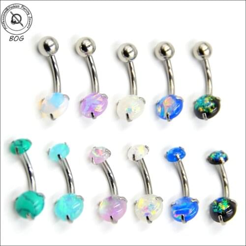 1PC Surgical Steel Prong Set Single/Double Opal Stone Belly Button Ring Navel Bar Piercing Nombril Ombligo Body Jewelry 14g
