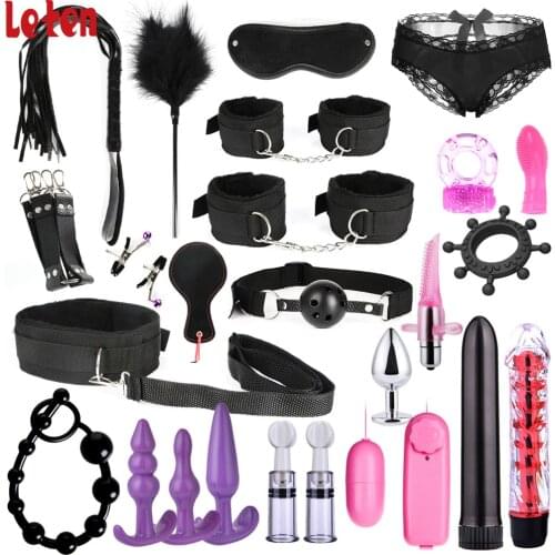 13/15/17/26pcs BDSM Bondage Restraint Kit Bullet Vibrator Handcuff Whip Mouth Gag Anal Bead Butt Plug Adult Game Props