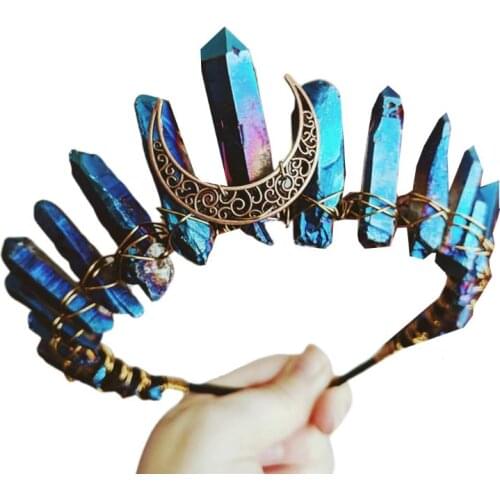2020 Boho Vintage Witch Tiara Faux Raw Crystal Headband Alloy Moon Angel Aura Crown