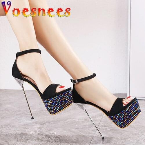 Solid Color Buckle Strap Chain Thin Heel Sandals Flock Platform Sexy Pole Dancing Super High Heel Shoe Peep Toe Party Women Shoe