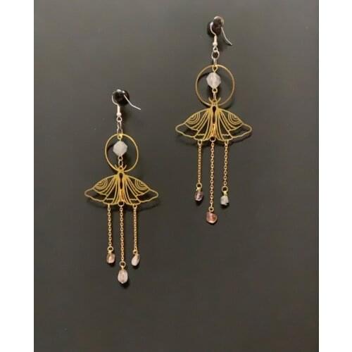 Smokey Quartz Moth Dangles Statement Earrings Hypoallergenic, Aesthetic Jewelry