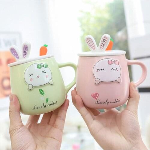 500ml Creative Rabbit Ceramic Mugs with Lid Spoon Cute Milk Breakfast Cup Student Cartoon Girl Office