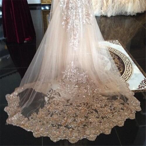 New 3M One Layer Champagne Bling Bling Sequins Lace Applique Wedding Veil Cathedral Free Comb Custom Made Bridal Veils