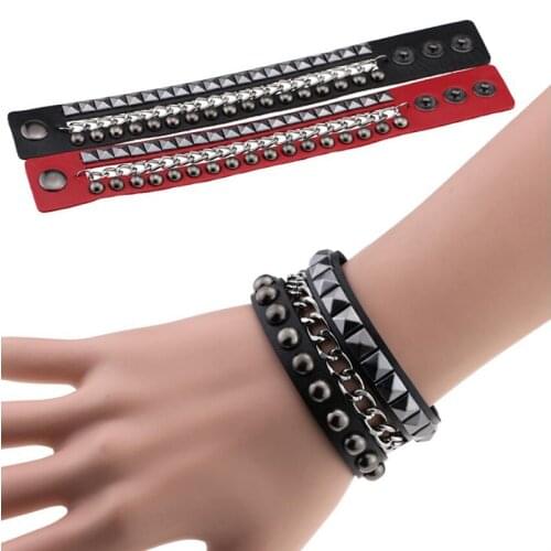 1Pc Multilayers Rock Spikes Rivet Chains Gothic Punk Wide Cuff Leather Bracelet Bangle Fashion Men Bracelets Jewelry
