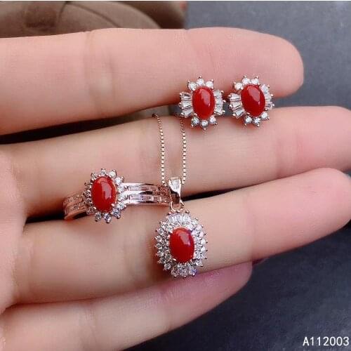 KJJEAXCMY Fine Jewelry 925 sterling silver inlaid natural gemstone red coral ring pendant earring set popular supports test