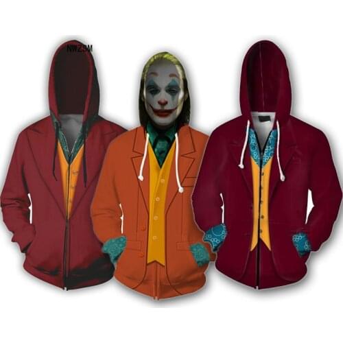 Wholesale Price Movie Joker Arthur Fleck Cosplay Costume Men Women Hoodie Sweatshirt Oversized 3D Printing Zip up Hooded