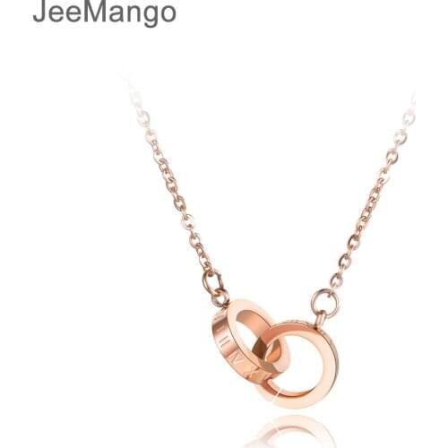 JeeMango Stainless Steel Double Circle Roman Numerals Pendant Necklaces Trendy Chokers Necklace For Women Valentines Day N19003