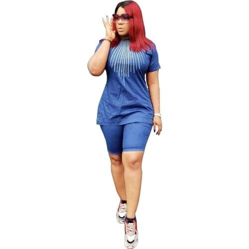 Casual Blue Denim Womens Tracksuit Fashion O Neck Short Sleeve T Shirts Top With Shorts Women Sets Night Club Two Piece Set