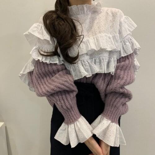 Retro Standing Collar Shirt Splice Fake Two-piece Sweater Hollow Out Flounce Flared Sleeve Knitted Sweaters for Women