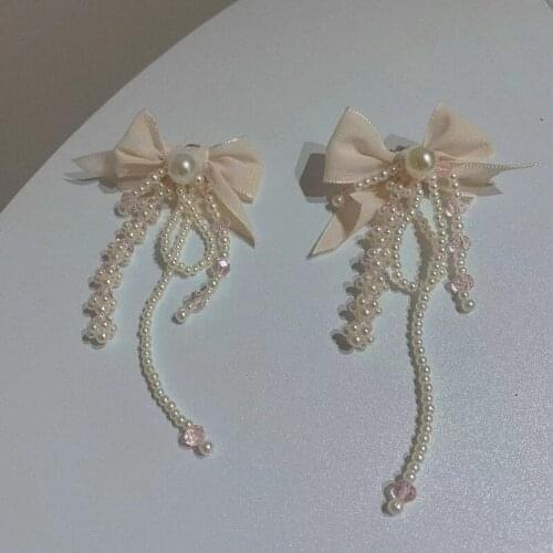 Korean Fabric Retro Sweet Pearl Crystal Bow Tassel Dangle Earring For Women Fashion Jewelry Gifts