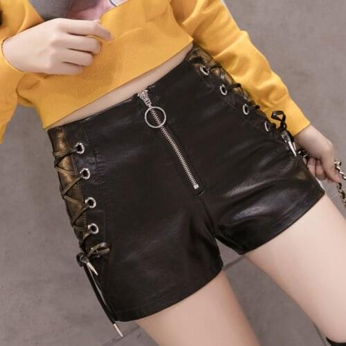 2021 Women Elegant Solid Faux Leather Shorts Female Retro Casual Shorts Pantalones Front Zipper Side Lace Up bandage Shorts